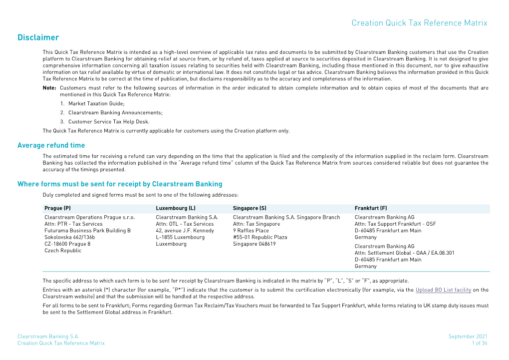 Creation Quick Tax Reference Matrix Disclaimer