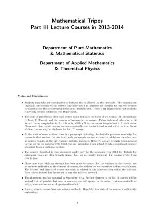 Mathematical Tripos Part III Lecture Courses in 2013-2014