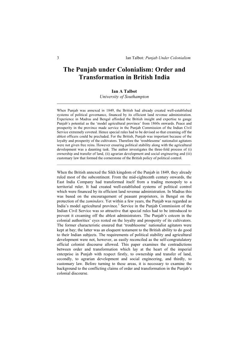 The Punjab Under Colonialism: Order and Transformation in British India