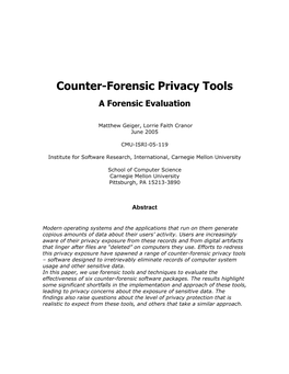 Counter-Forensic Privacy Tools a Forensic Evaluation