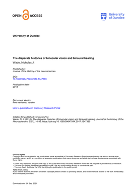 University of Dundee the Disparate Histories of Binocular Vision And