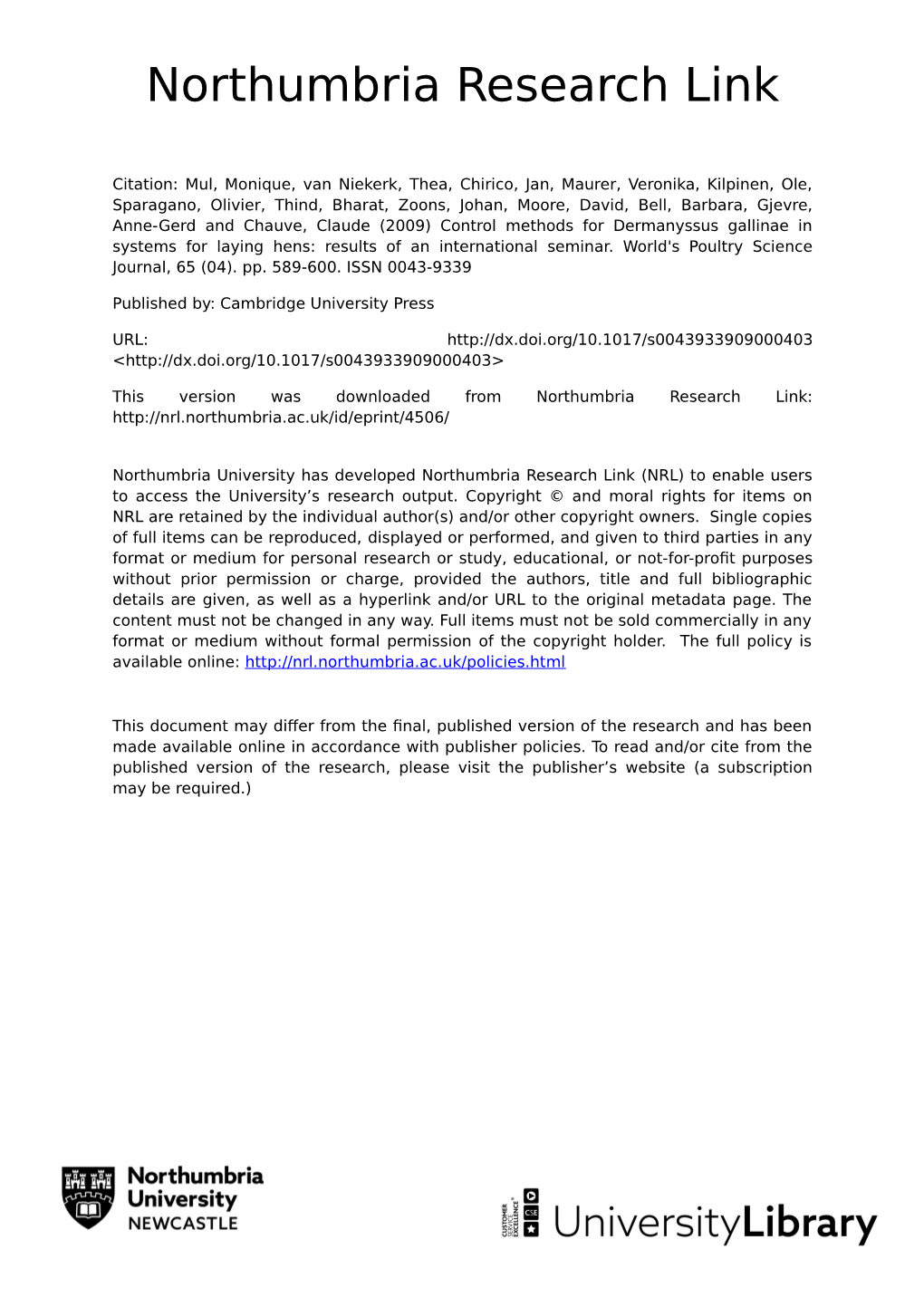 Control Methods for Dermanyssus Gallinae in Systems for Laying Hens: Results of an International Seminar