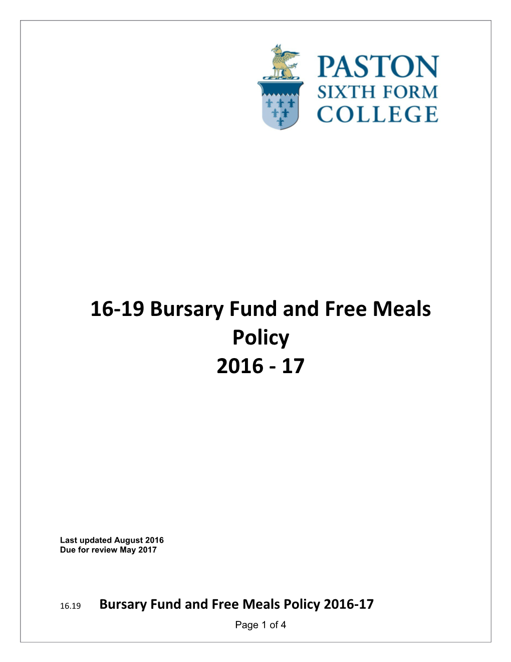 16-19 Bursary Fund and Free Meals Policy