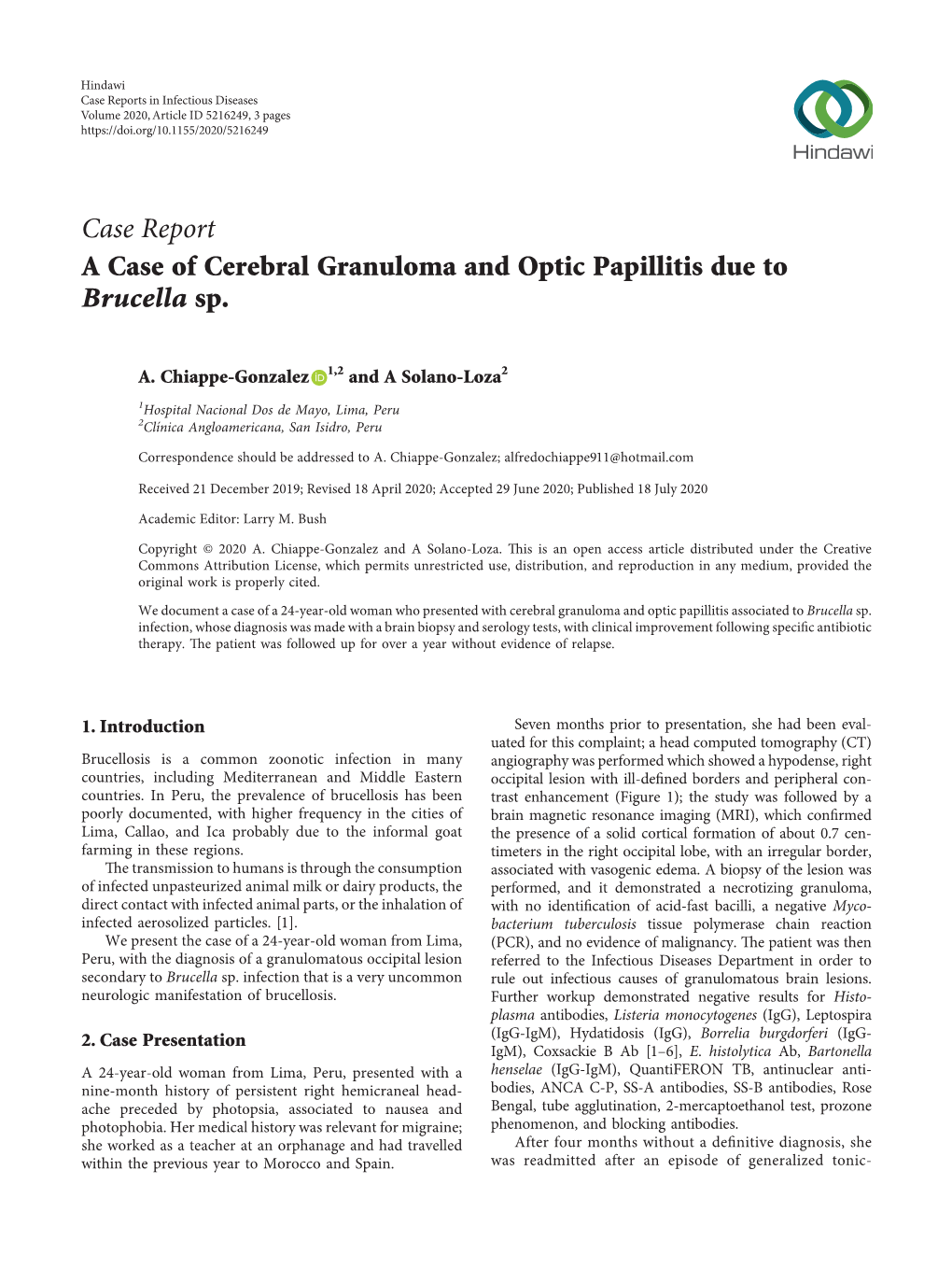 A Case of Cerebral Granuloma and Optic Papillitis Due to Brucella Sp