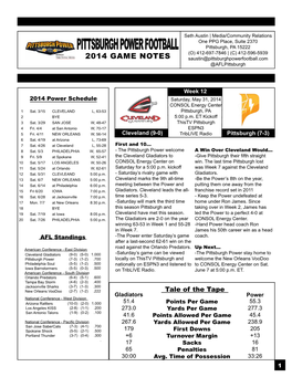 PITTSBURGH POWER FOOTBALL Pittsburgh, PA 15222 (O) 412-697-7846 | (C) 412-596-5939 2014 GAME NOTES Saustin@Pittsburghpowerfootball.Com @Aflpittsburgh