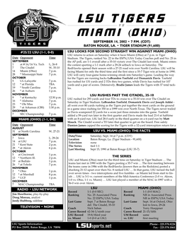 Lsu Tigers V S Miami (Ohio) September 14, 2002 • 7 P.M