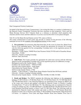 COUNTY of HANCOCK Office of the Unorganized Territories 50 State Street, Suite 7 Ellsworth, Maine 04605