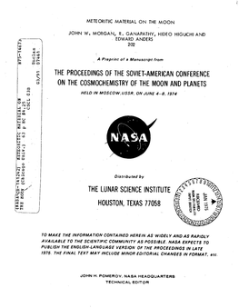 The Proceedings of the Soviet-American Conference on the Cosmochemistry of the Moon and Planets