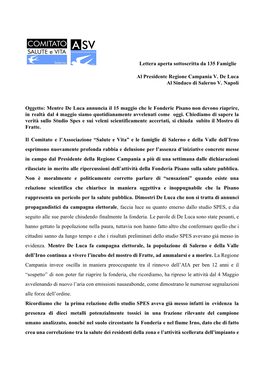 Lettera Aperta Sottoscritta Da 135 Famiglie Al Presidente Regione Campania V. De Luca Al Sindaco Di Salerno V. Napoli Oggett