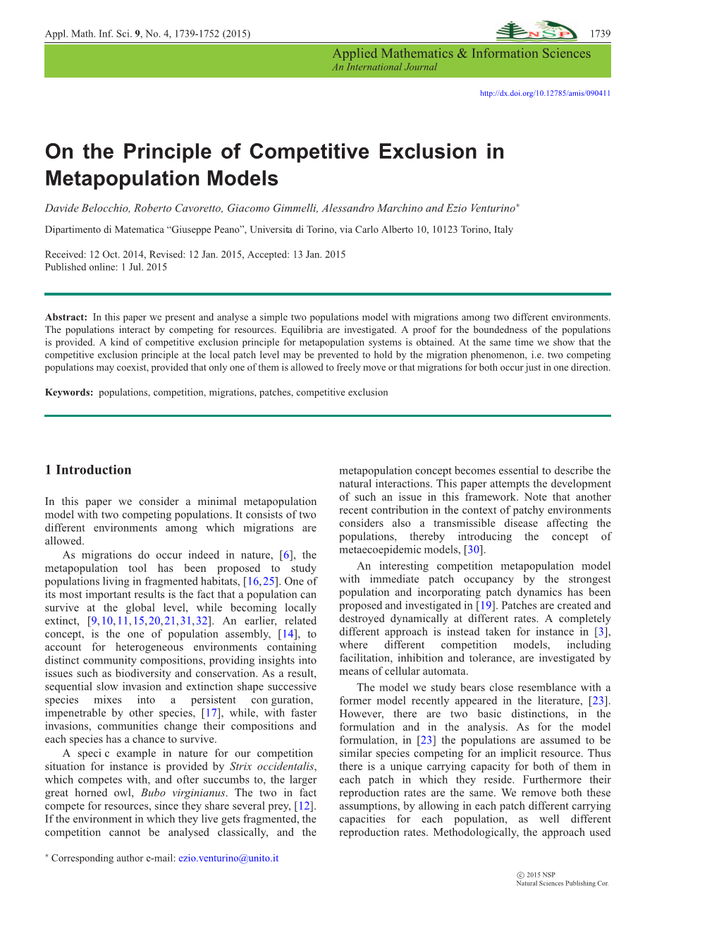 On the Principle of Competitive Exclusion in Metapopulation Models