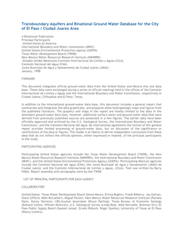 Transboundary Aquifers and Binational Ground Water Database for the City of El Paso / Ciudad Juarez Area