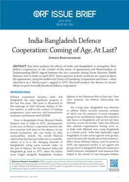 India-Bangladesh Defence Cooperation: Coming of Age, at Last? Joyeeta Bhattacharjee