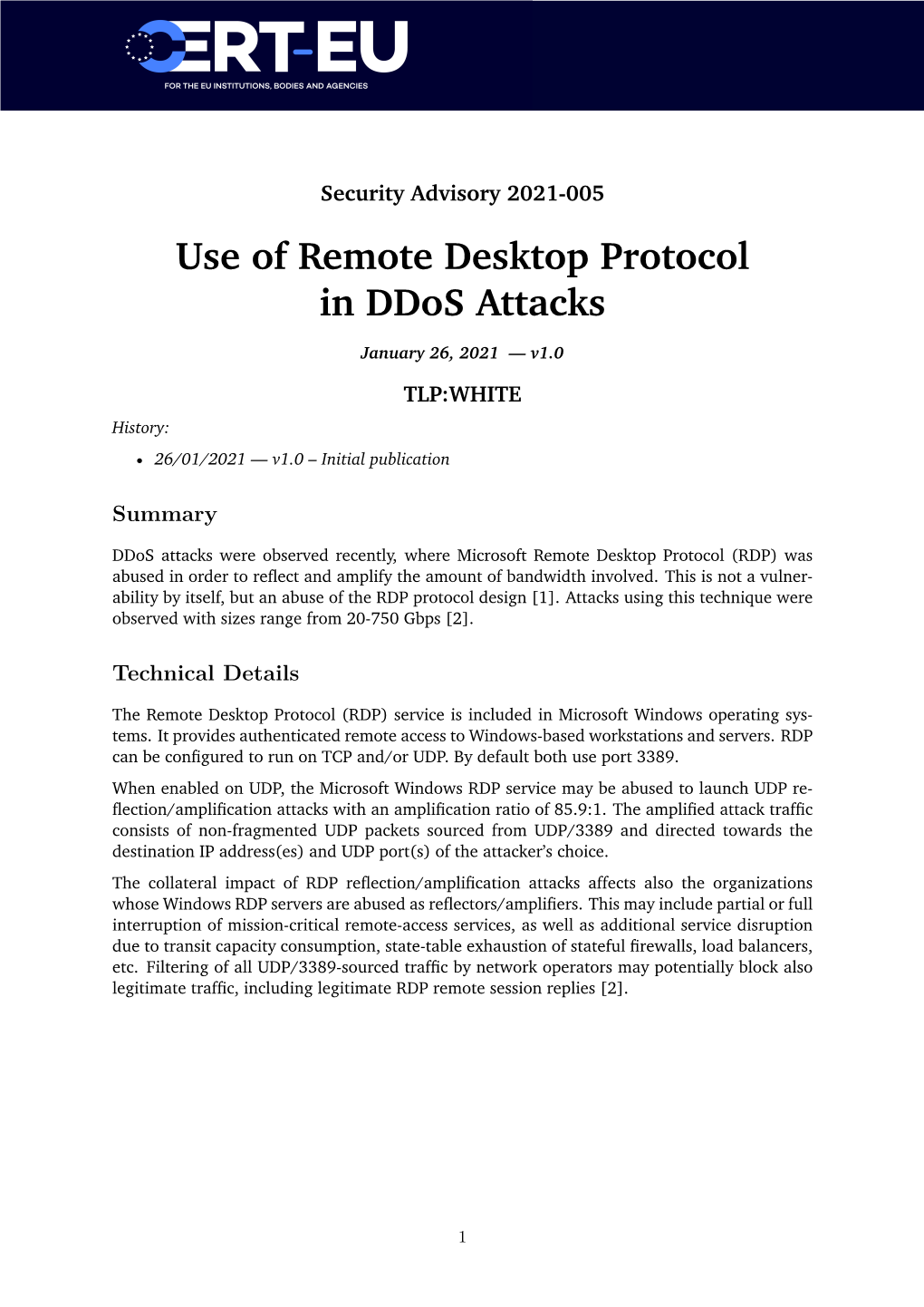 Use of Remote Desktop Protocol in Ddos Attacks