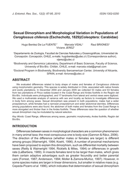 Sexual Dimorphism and Morphological Variation in Populations of Ceroglossus Chilensis (Eschscholtz, 1829)(Coleoptera: Carabidae)