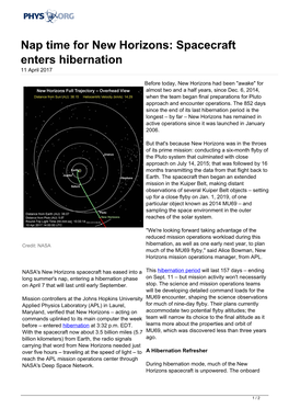 Spacecraft Enters Hibernation 11 April 2017