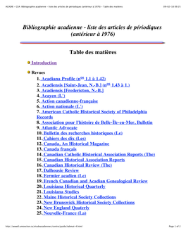 Bibliographie Acadienne - Liste Des Articles De Périodiques (Antérieur À 1976) - Table Des Matières 09-02-18 09:25