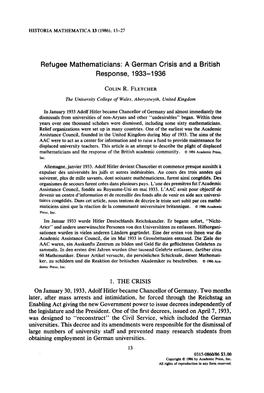 Refugee Mathematicians: a German Crisis and a British Response, 1933-L 936