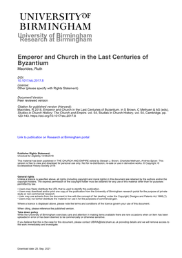 University of Birmingham Emperor and Church in the Last Centuries Of