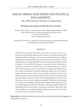 SOCIAL MEDIA, ELECTIONS and POLITICAL ENGAGEMENT: the 2014 General Election in Mauritius