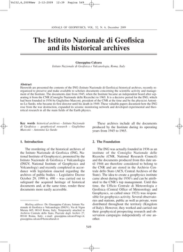 The Istituto Nazionale Di Geofisica and Its Historical Archives