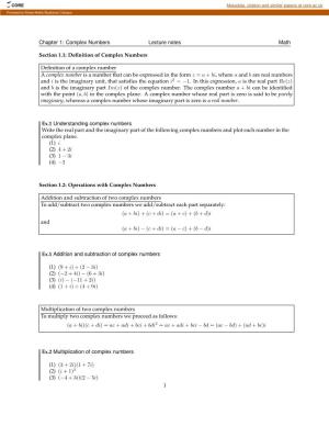 Chapter 1: Complex Numbers Lecture Notes Math Section