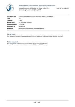 9-1 List of Contact Addresses and Observers of HELCOM HABITAT