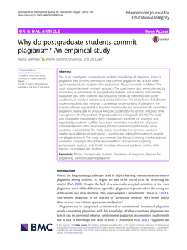 Why Do Postgraduate Students Commit Plagiarism? an Empirical Study Apatsa Selemani1* , Winner Dominic Chawinga2 and Gift Dube3
