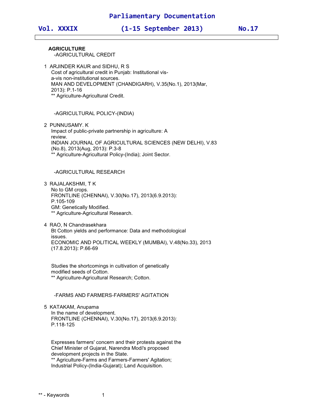 Parliamentary Documentation Vol. XXXIX (1-15 September 2013) No.17