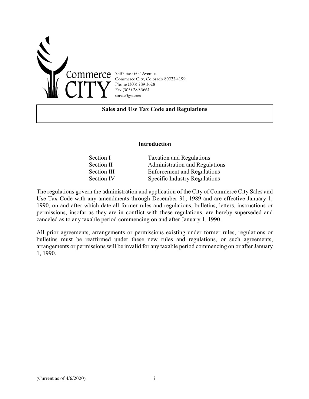 Commerce City Sales and Use Tax Code 20 Article I Taxation