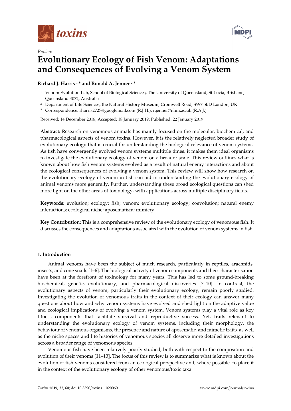 Evolutionary Ecology Of Fish Venom: Adaptations And Consequences Of ...