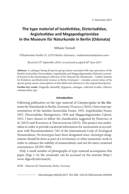 The Type Material of Isostictidae, Dicteriadidae, Argiolestidae and Megapodagrionidae in the Museum Für Naturkunde in Berlin