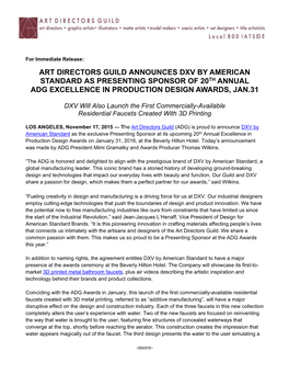 Art Directors Guild Announces Dxv by American Standard As Presenting Sponsor of 20Th Annual Adg Excellence in Production Design Awards, Jan.31