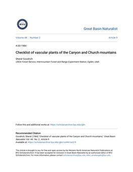 Checklist of Vascular Plants of the Canyon and Church Mountains