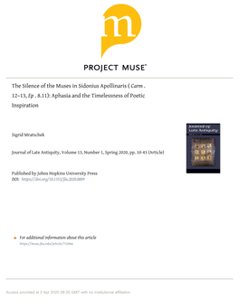 The Silence of the Muses in Sidonius Apollinaris (Carm. 12–13, Ep. 8.11) : Aphasia and the Timelessness of Poetic Inspiration