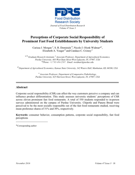 Perceptions of Corporate Social Responsibility of Prominent Fast Food Establishments by University Students