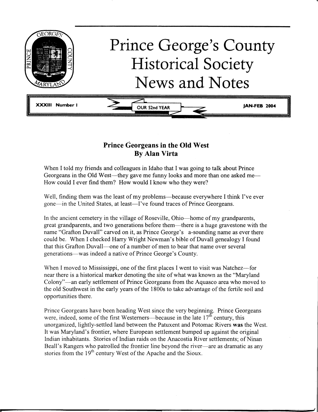 Prince George's Counfy Historical Society News Andnotes