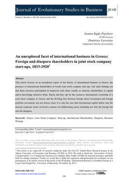 An Unexplored Facet of International Business in Greece: Foreign and Diaspora Shareholders in Joint Stock Company Start-Ups, 1833-19201