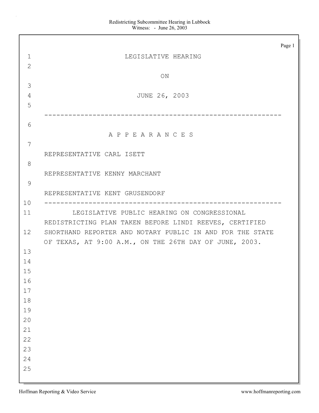 1 Legislative Hearing 2 on 3 4 June 26, 2003 5