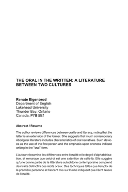 The Oral in the Written: a Literature Between Two Cultures