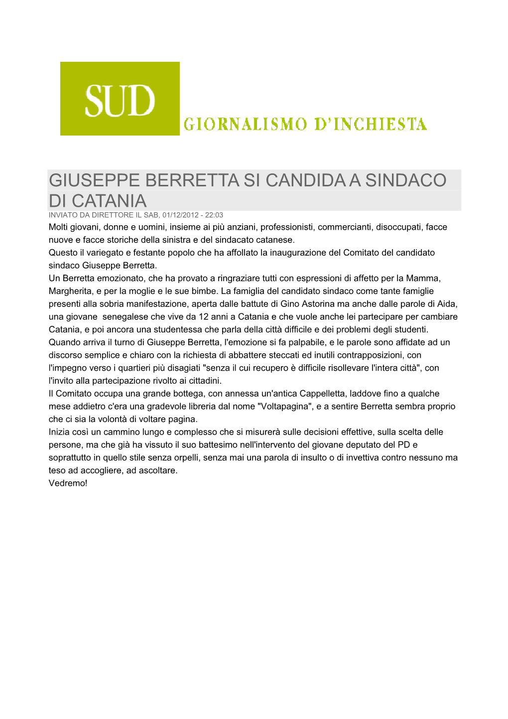 Giuseppe Berretta Si Candida a Sindaco Di Catania