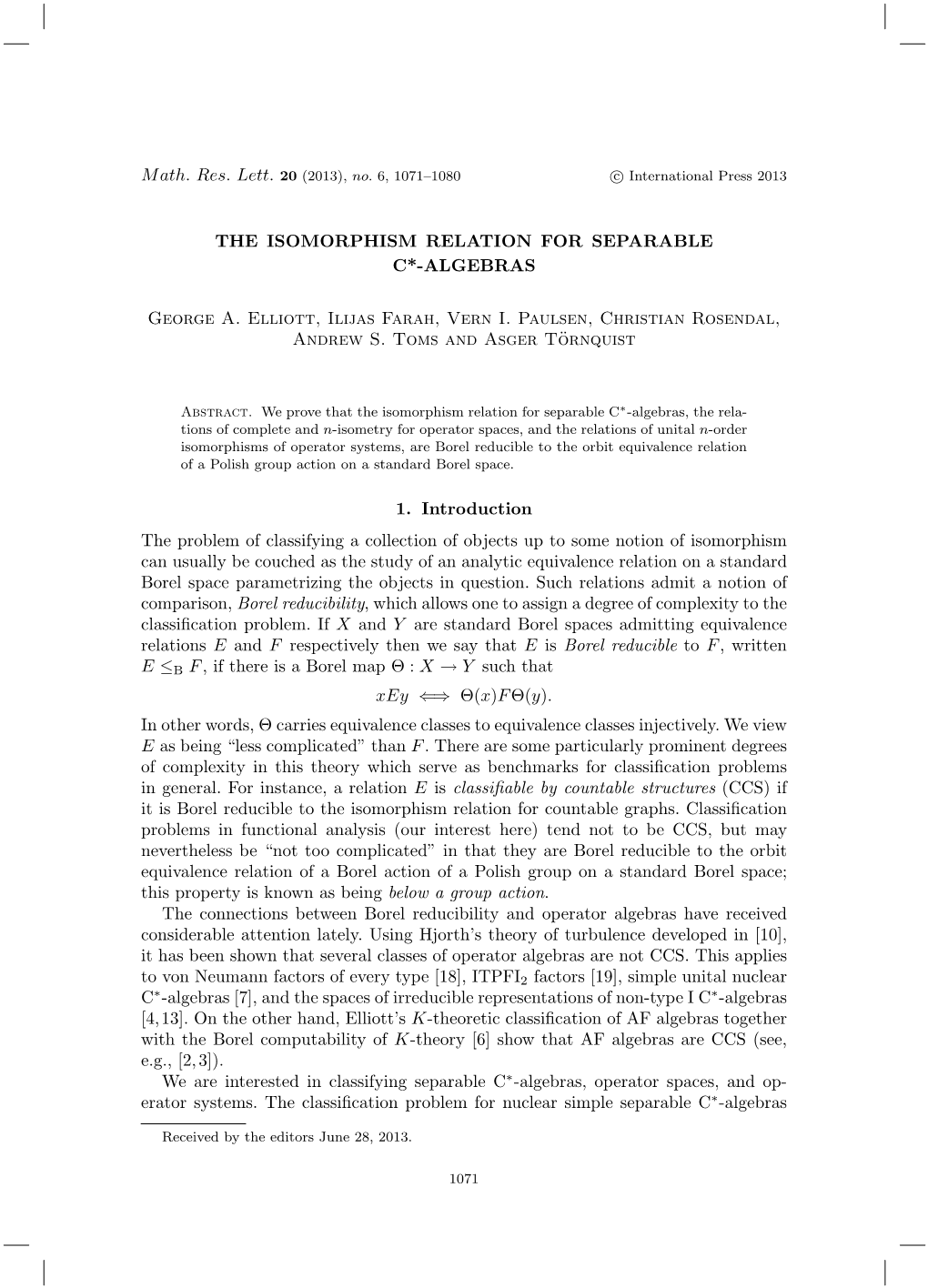 Math. Res. Lett. 20 (2013), No. 6, 1071–1080 the ISOMORPHISM