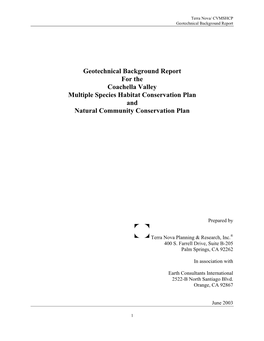Geotechnical Background Report for the Coachella Valley Multiple Species Habitat Conservation Plan and Natural Community Conservation Plan