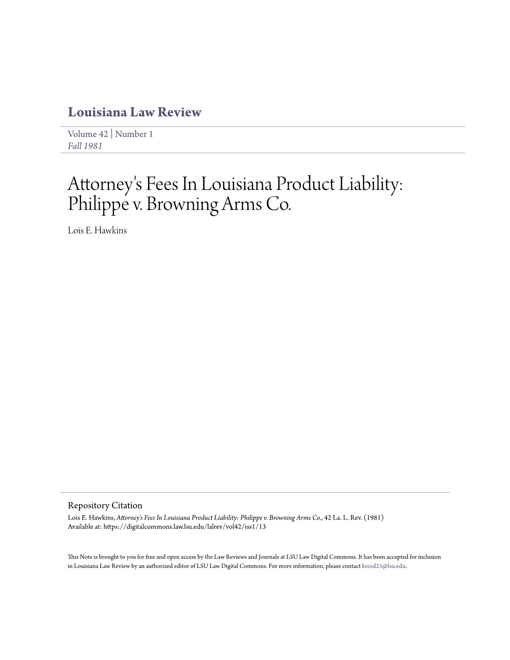 Attorney's Fees in Louisiana Product Liability: Philippe V