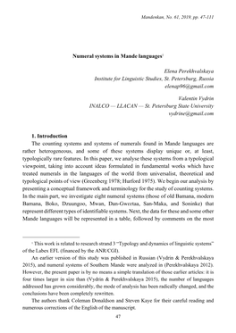 Numeral Systems in Mande Languages1 Elena Perekhvalskaya