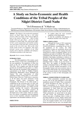 A Study on Socio-Economic and Health Conditions of the Tribal Peoples of the Nilgiri District-Tamil Nadu
