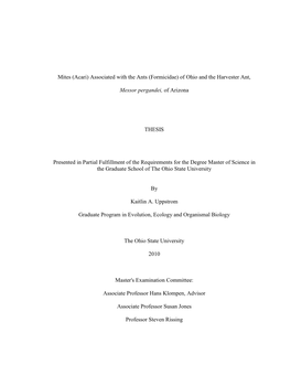 Mites (Acari) Associated with the Ants (Formicidae) of Ohio and the Harvester Ant