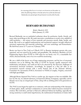 Bernard Budiansky Was Spread Upon the Permanent Records of the Faculty
