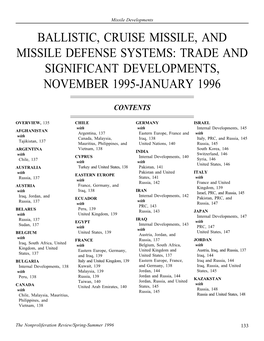 Ballistic, Cruise Missile, and Missile Defense Systems: Trade and Significant Developments, November 1995-January 1996