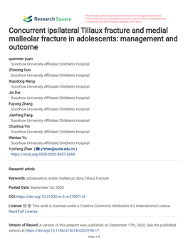 Concurrent Ipsilateral Tillaux Fracture and Medial Malleolar Fracture in Adolescents: Management and Outcome