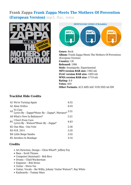 Frank Zappa Frank Zappa Meets the Mothers of Prevention (European Version) Mp3, Flac, Wma